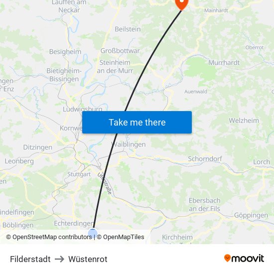 Filderstadt to Wüstenrot map