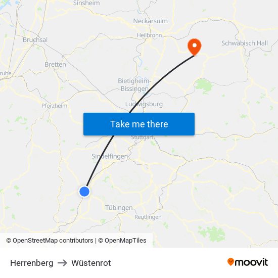 Herrenberg to Wüstenrot map