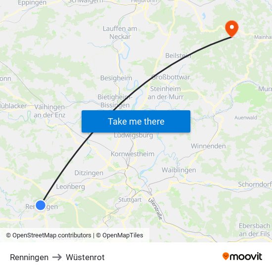 Renningen to Wüstenrot map