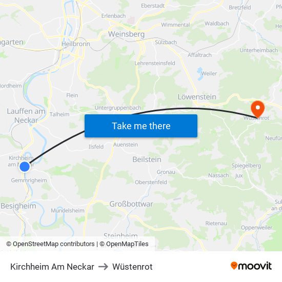 Kirchheim Am Neckar to Wüstenrot map