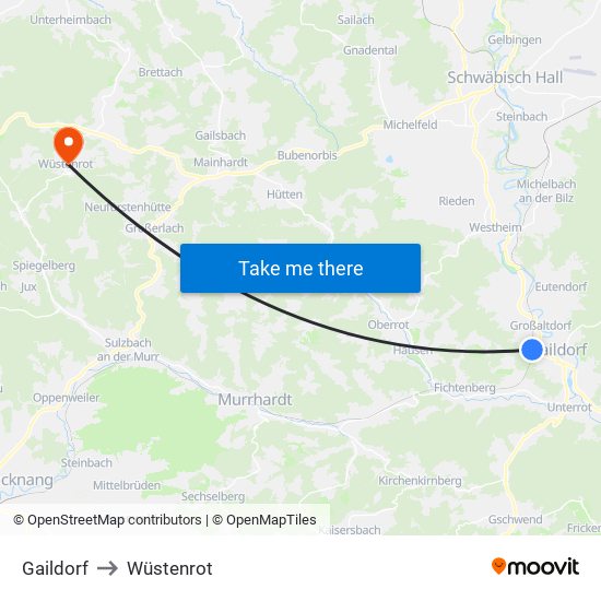 Gaildorf to Wüstenrot map