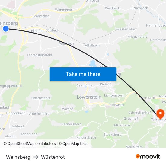 Weinsberg to Wüstenrot map