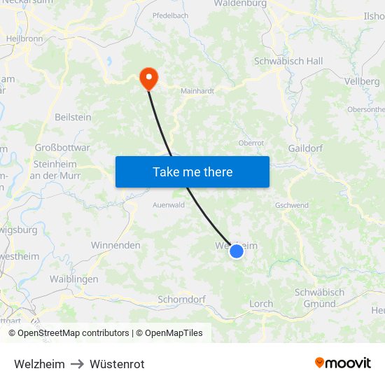 Welzheim to Wüstenrot map