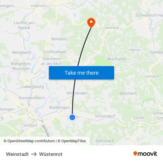 Weinstadt to Wüstenrot map