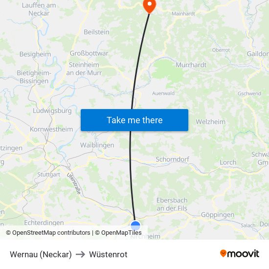 Wernau (Neckar) to Wüstenrot map