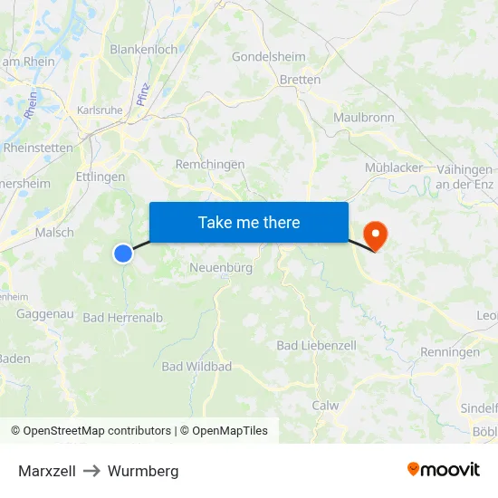 Marxzell to Wurmberg map