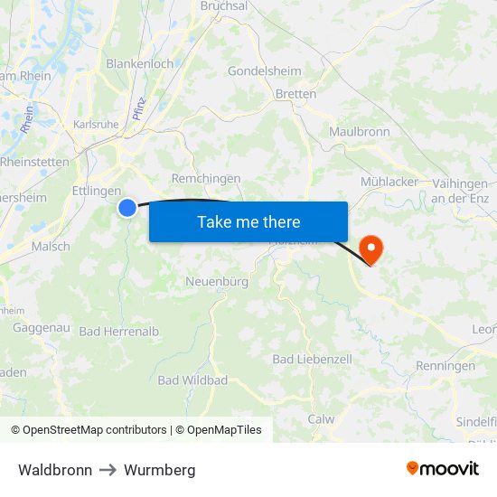 Waldbronn to Wurmberg map