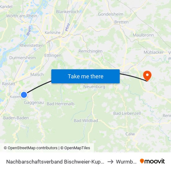Nachbarschaftsverband Bischweier-Kuppenheim to Wurmberg map