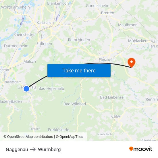 Gaggenau to Wurmberg map