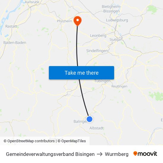 Gemeindeverwaltungsverband Bisingen to Wurmberg map