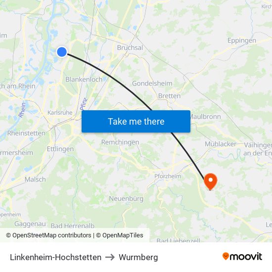 Linkenheim-Hochstetten to Wurmberg map