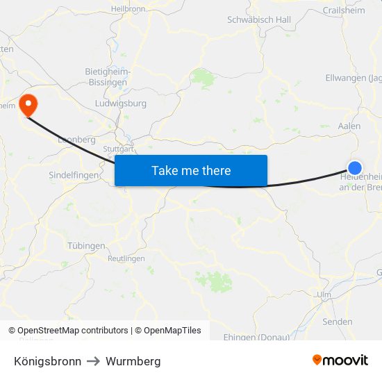 Königsbronn to Wurmberg map