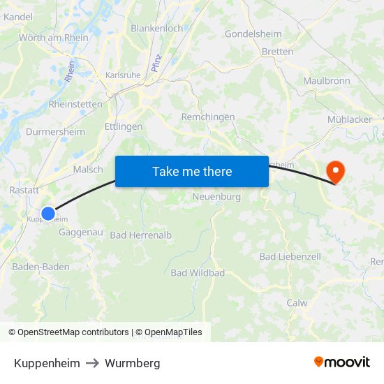 Kuppenheim to Wurmberg map