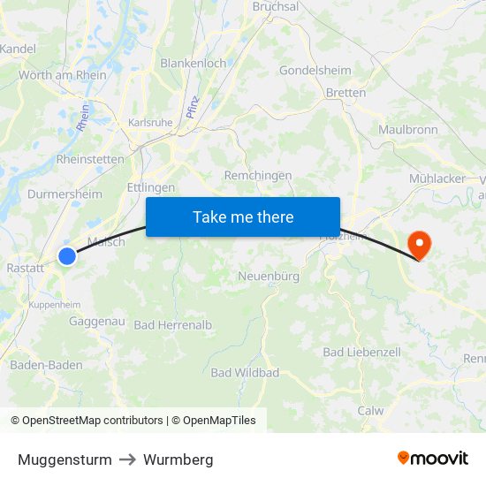 Muggensturm to Wurmberg map