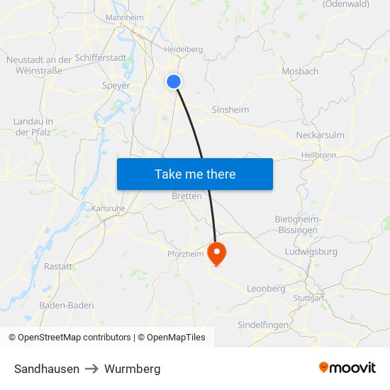 Sandhausen to Wurmberg map