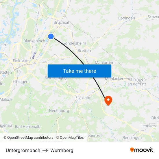 Untergrombach to Wurmberg map