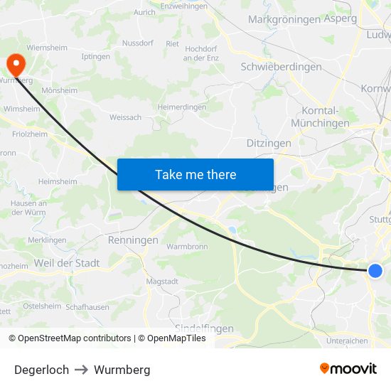 Degerloch to Wurmberg map