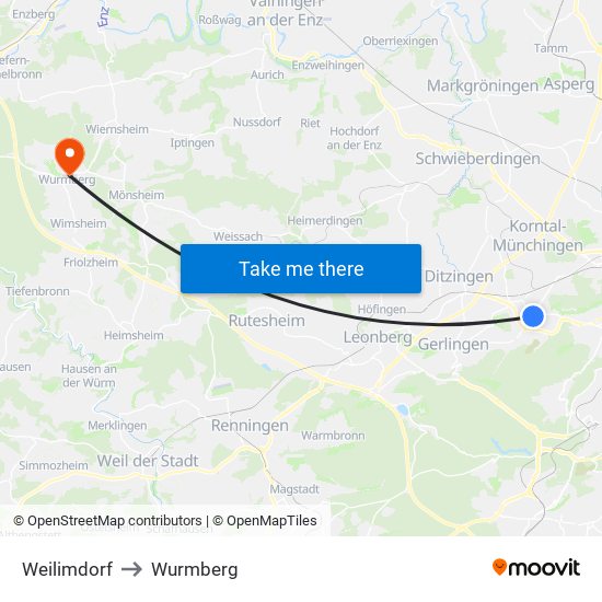 Weilimdorf to Wurmberg map