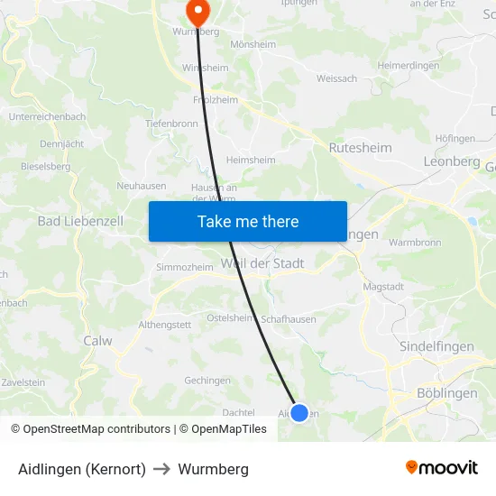 Aidlingen (Kernort) to Wurmberg map
