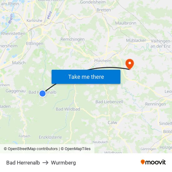 Bad Herrenalb to Wurmberg map