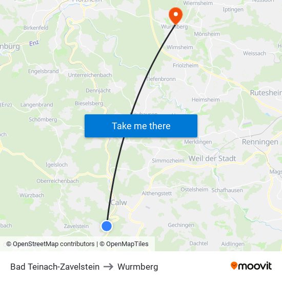 Bad Teinach-Zavelstein to Wurmberg map