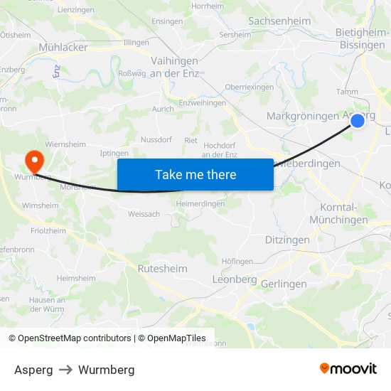 Asperg to Wurmberg map
