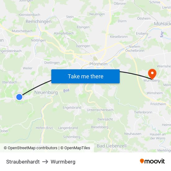 Straubenhardt to Wurmberg map