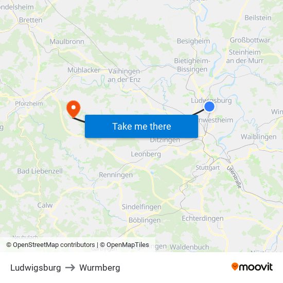 Ludwigsburg to Wurmberg map