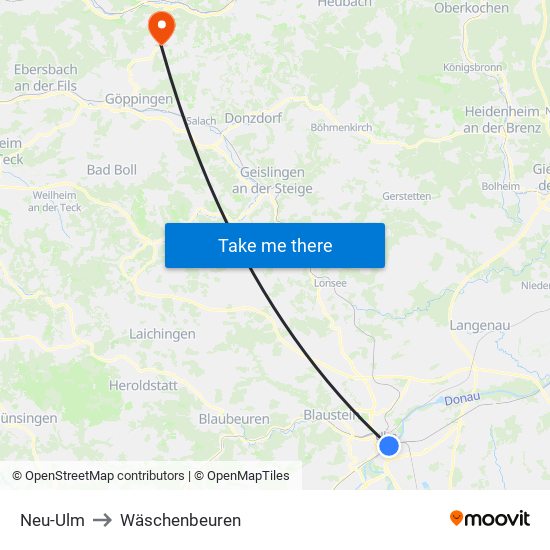 Neu-Ulm to Wäschenbeuren map