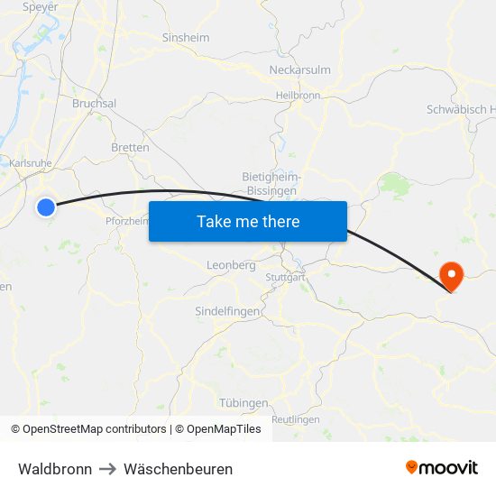 Waldbronn to Wäschenbeuren map