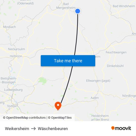 Weikersheim to Wäschenbeuren map