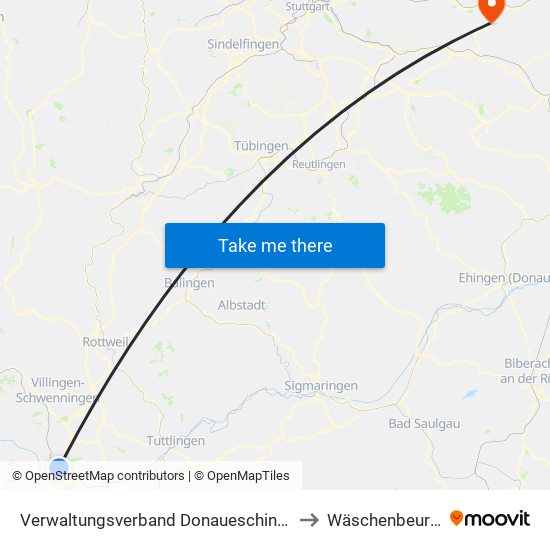 Verwaltungsverband Donaueschingen to Wäschenbeuren map