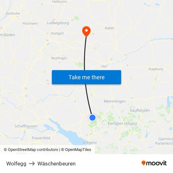 Wolfegg to Wäschenbeuren map