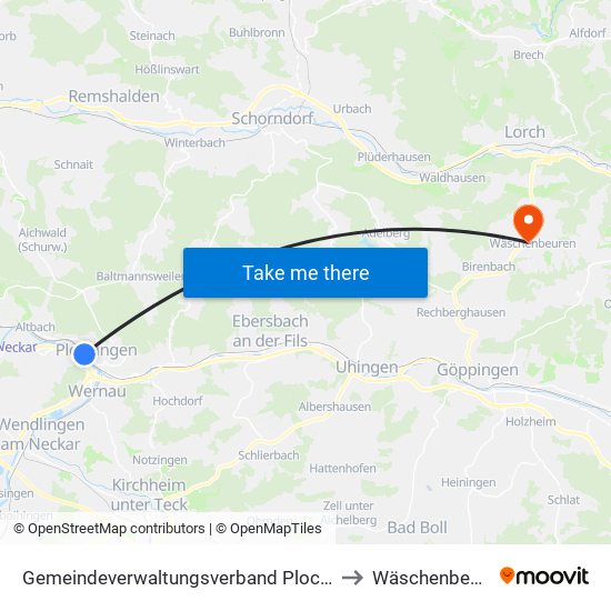 Gemeindeverwaltungsverband Plochingen to Wäschenbeuren map