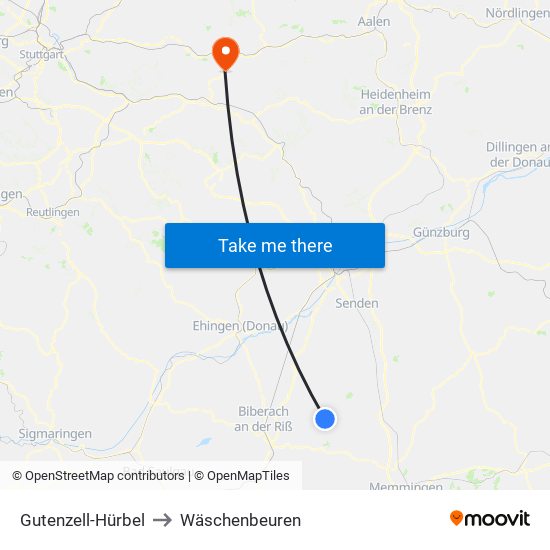 Gutenzell-Hürbel to Wäschenbeuren map