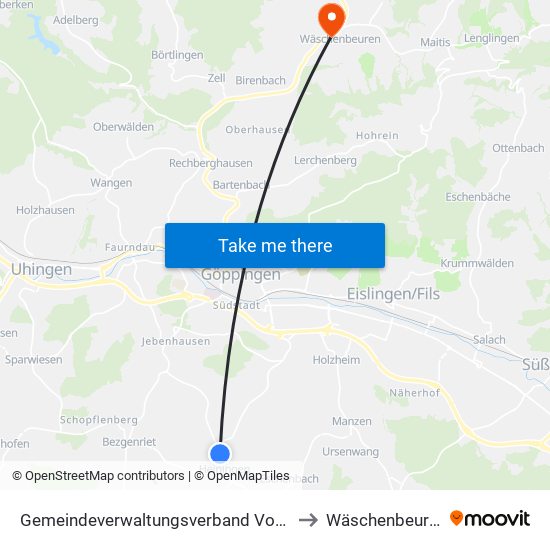 Gemeindeverwaltungsverband Voralb to Wäschenbeuren map