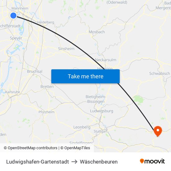 Ludwigshafen-Gartenstadt to Wäschenbeuren map