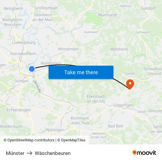 Münster to Wäschenbeuren map