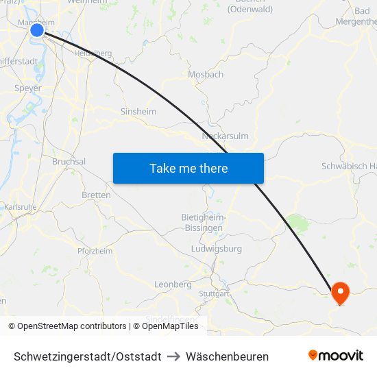 Schwetzingerstadt/Oststadt to Wäschenbeuren map