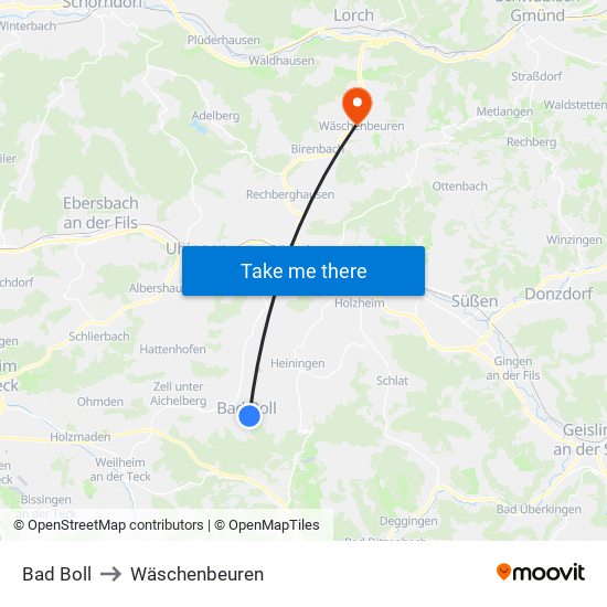 Bad Boll to Wäschenbeuren map