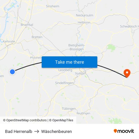 Bad Herrenalb to Wäschenbeuren map