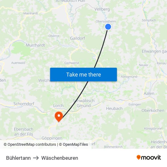 Bühlertann to Wäschenbeuren map