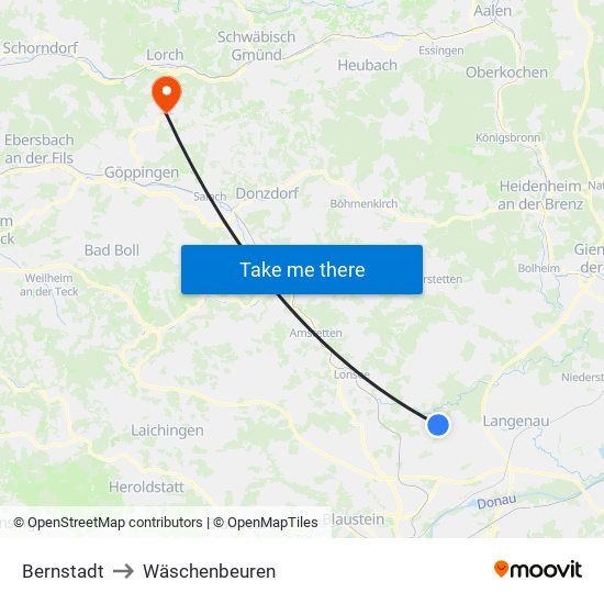 Bernstadt to Wäschenbeuren map