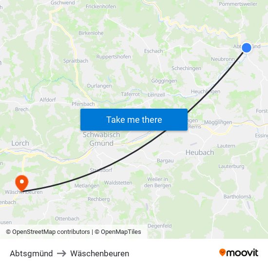 Abtsgmünd to Wäschenbeuren map