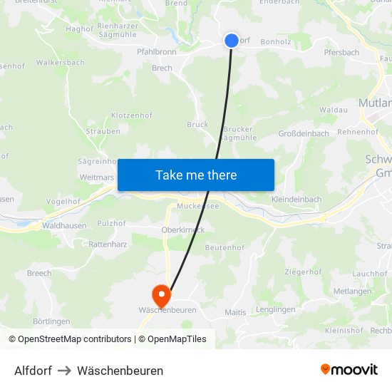 Alfdorf to Wäschenbeuren map