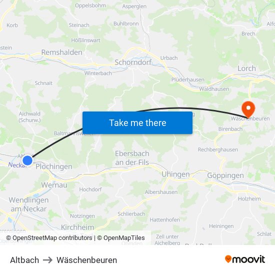 Altbach to Wäschenbeuren map