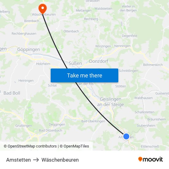 Amstetten to Wäschenbeuren map
