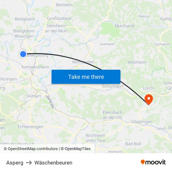 Asperg to Wäschenbeuren map