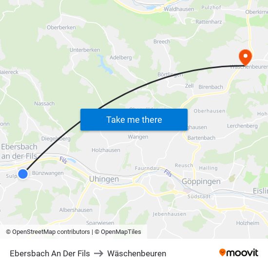 Ebersbach An Der Fils to Wäschenbeuren map