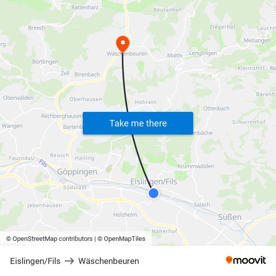 Eislingen/Fils to Wäschenbeuren map